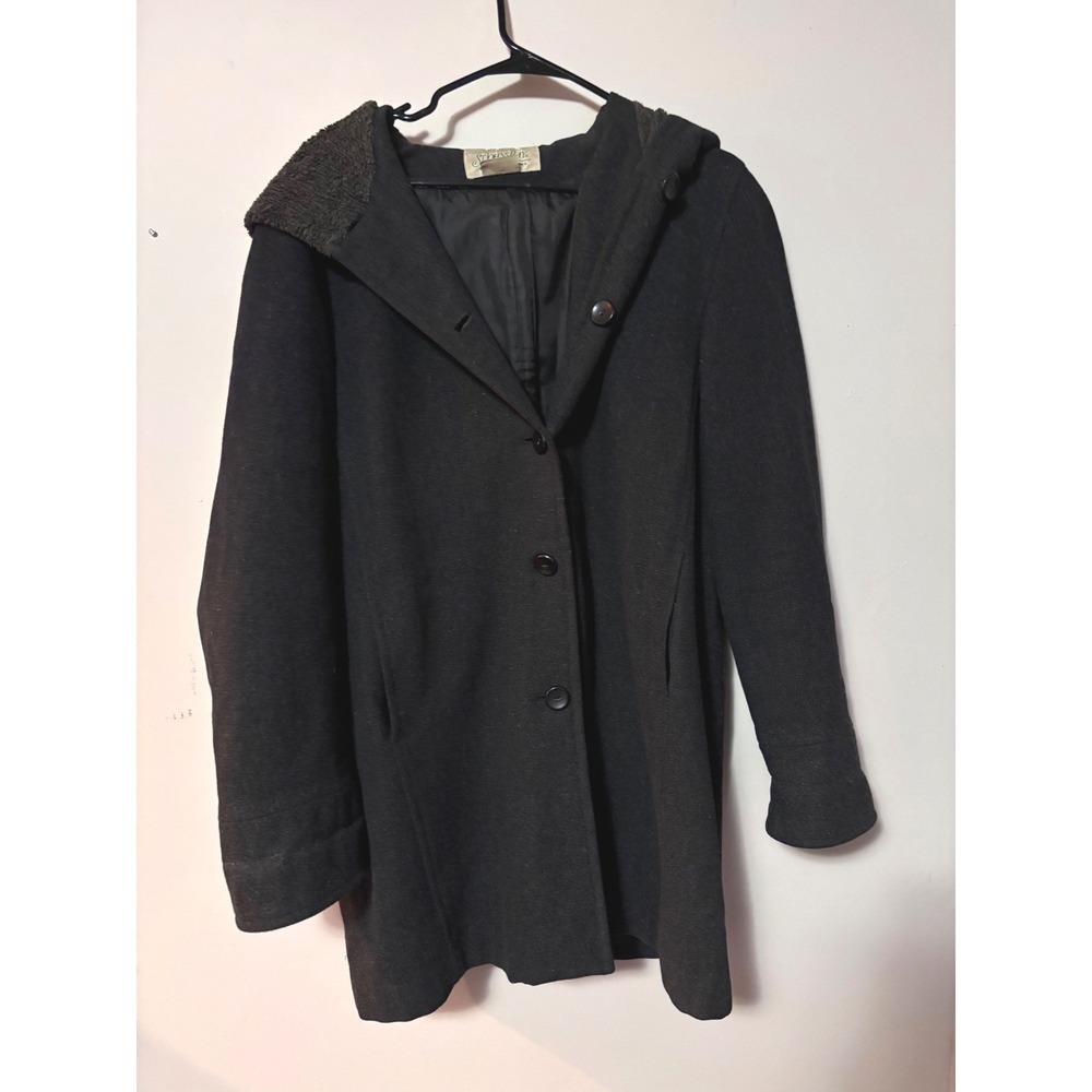 St Johns Bay‎ Womens 16P 100% Wool shell Coat Charcoal Grey Hooded Button Front